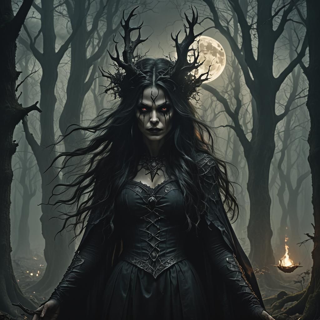 Dark Witch Enchantress in Eerie Forest, Gothic Art