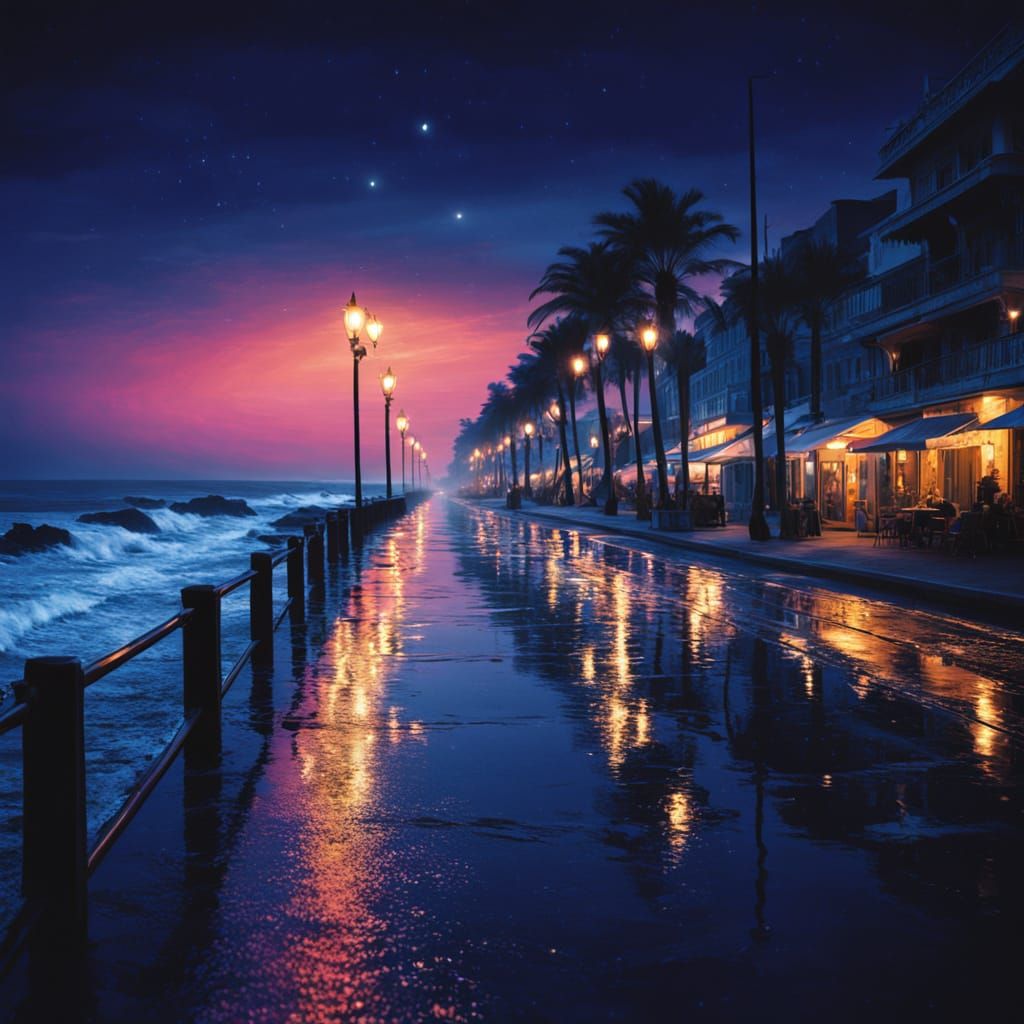 Enchanting Seaside Boulevard at Night in Moonlight