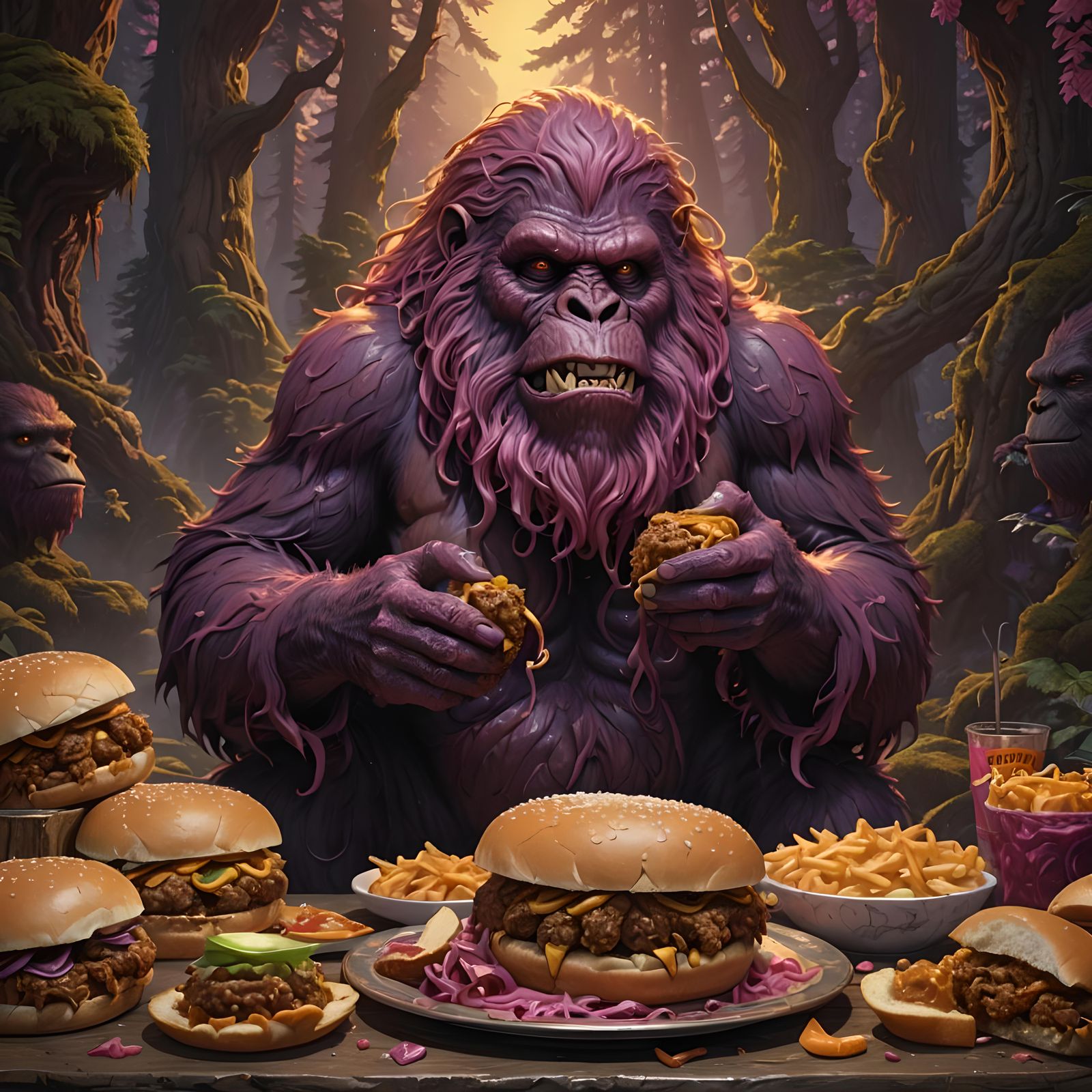 Pink Symmetrical Sasquatch Eats Sloppy Joe: Dark Fantasy Art