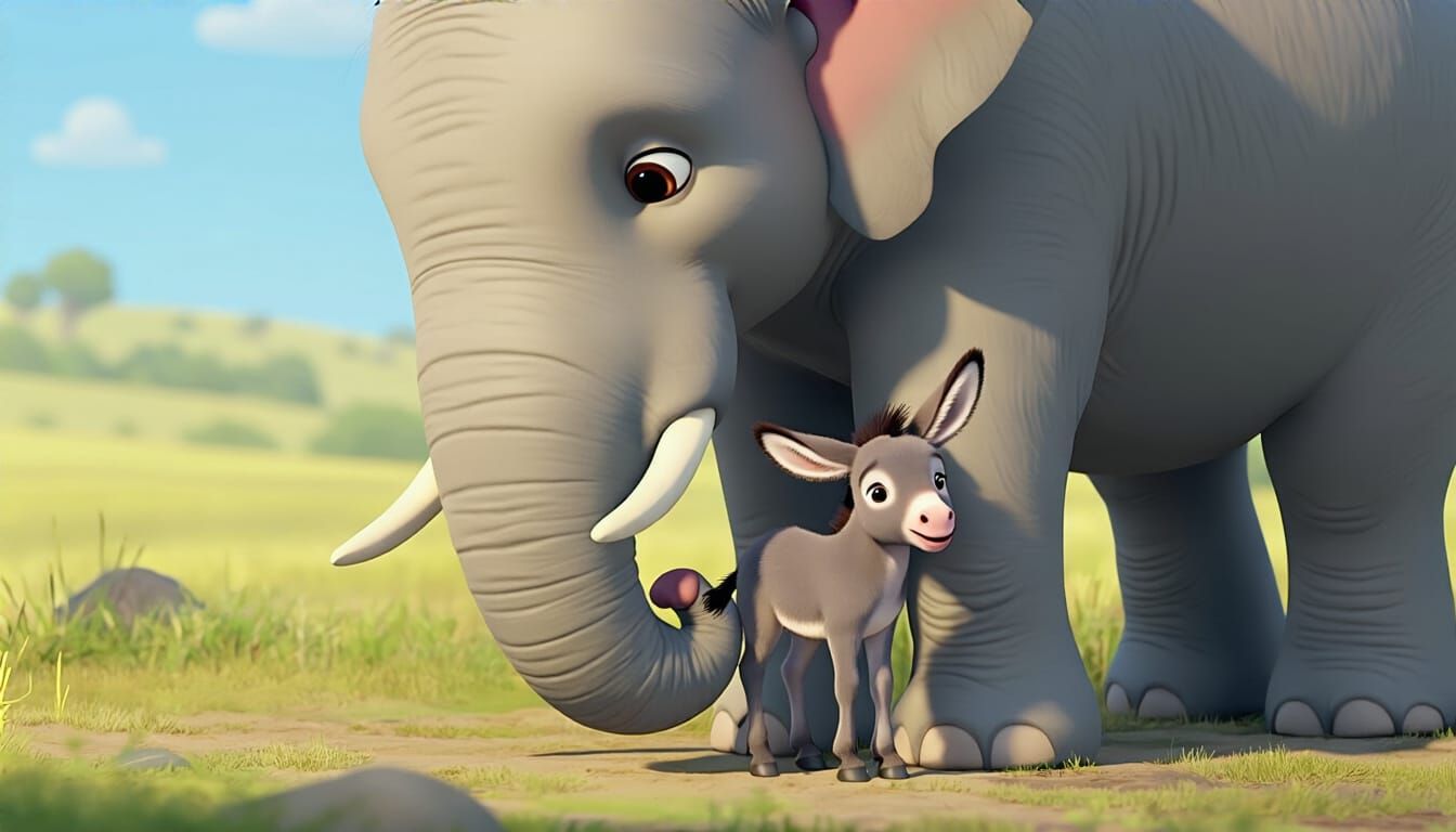 Adorable Elephant Cradling Donkey in Animation Style