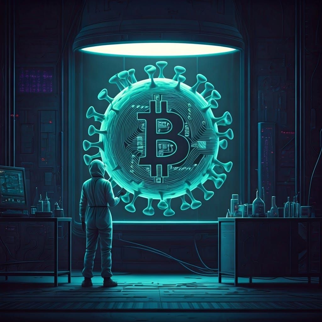 Futuristic Lab: Woman Examines BTC Virus in Cyberpunk Style