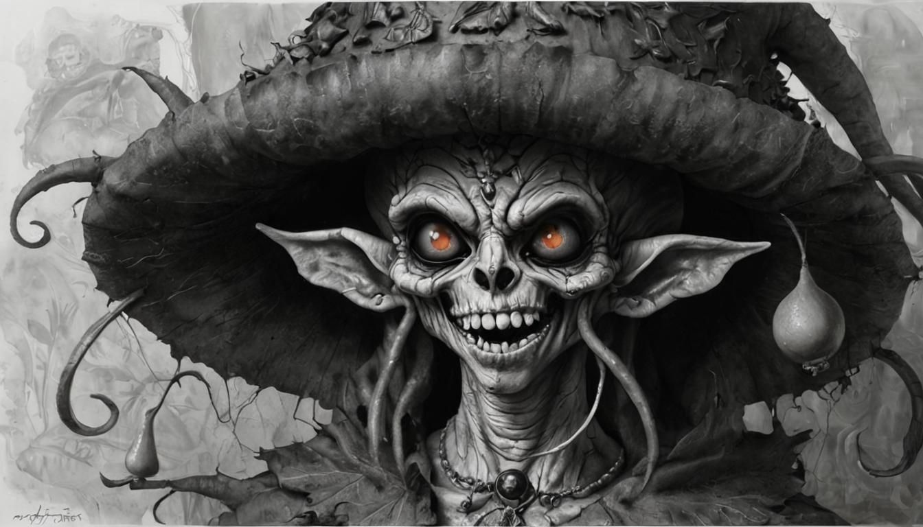 Myconid Eats Elf in Catacombs: Surrealist Charcoal Art