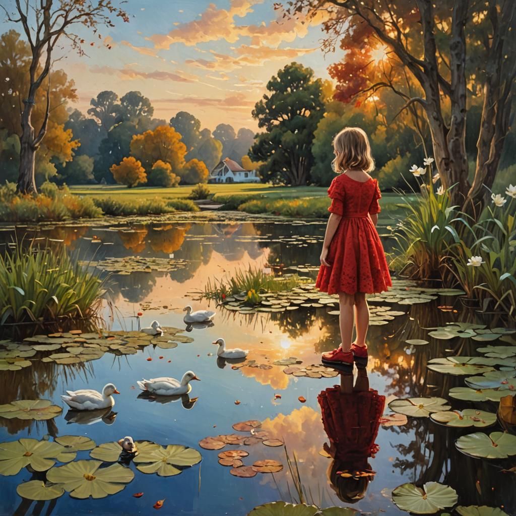 Autumn Oak Reflection: Girl, Ducks, Pond, Evening