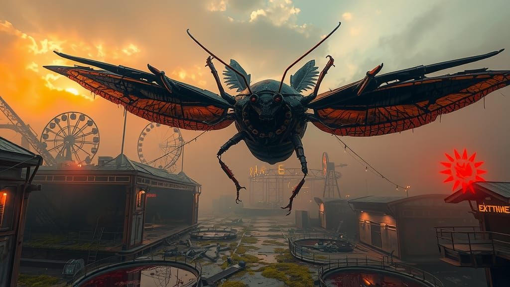 Cyborg Cockroach Soaring Over Ruined Amusement Park