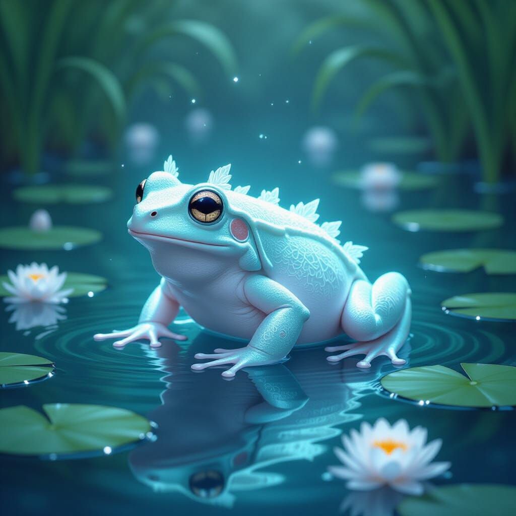 Bioluminescent Frog in Lily Pond, Dreamy Ethereal Light
