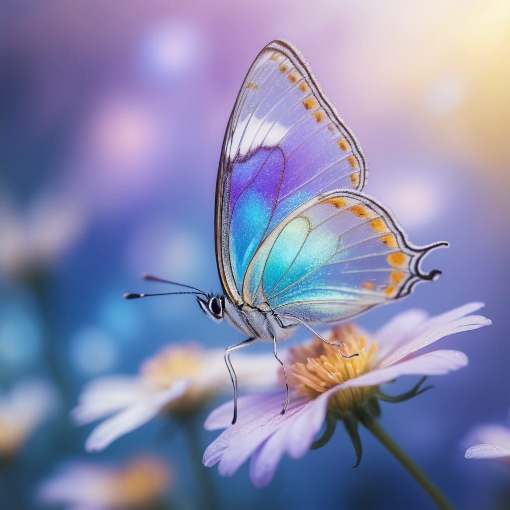 Iridescent Butterfly on Flower with Shimmering Wings