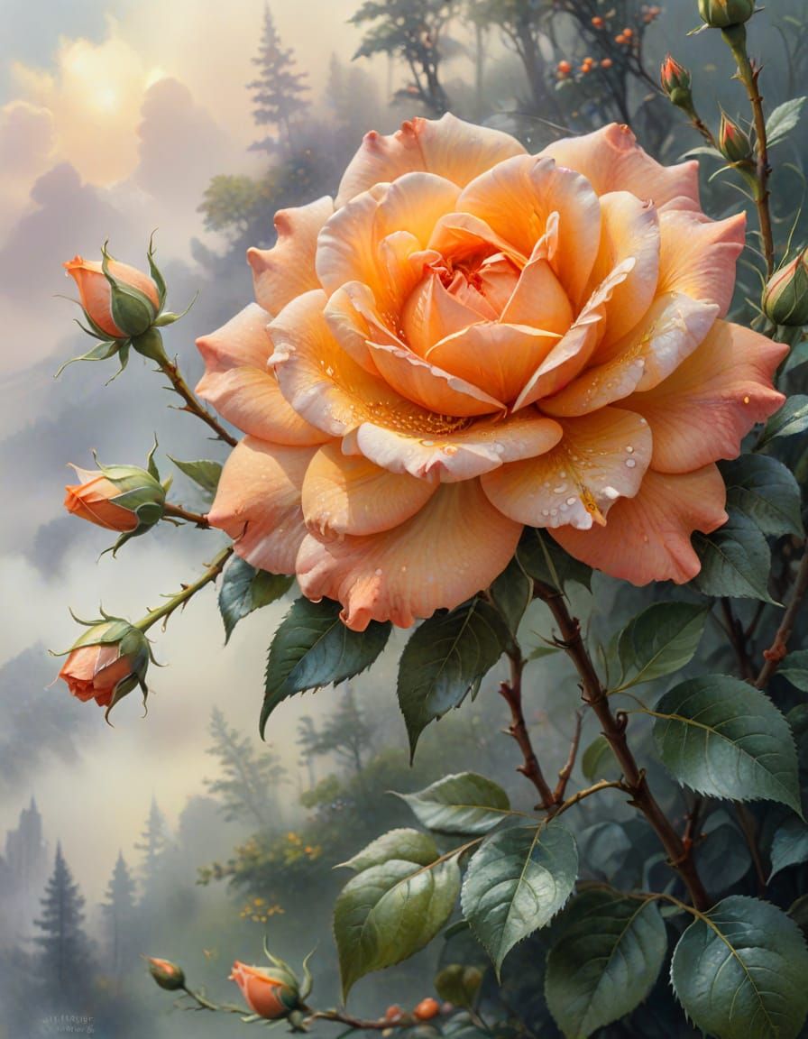 Ethereal Watercolour of Orange Tea-Rose Blossom
