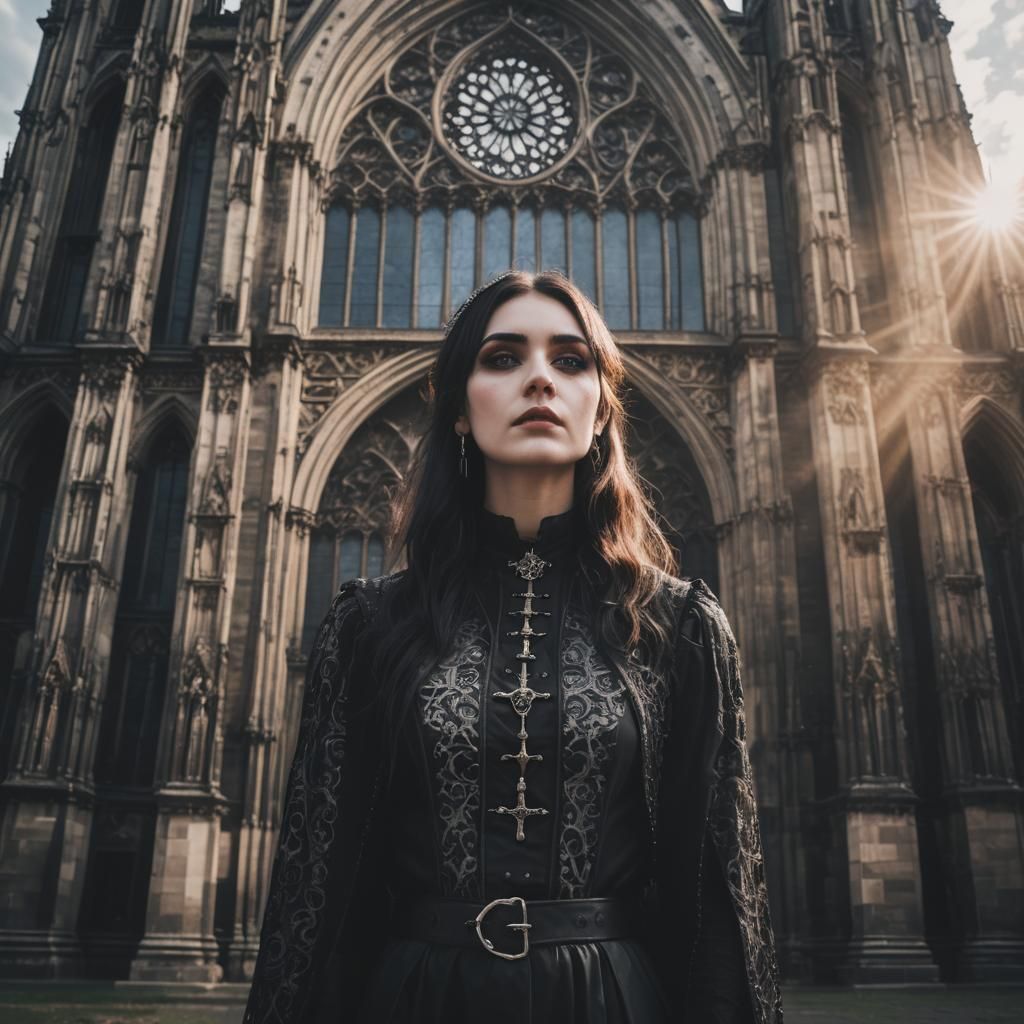 Gothic Girl in Front of Dark Cathedral