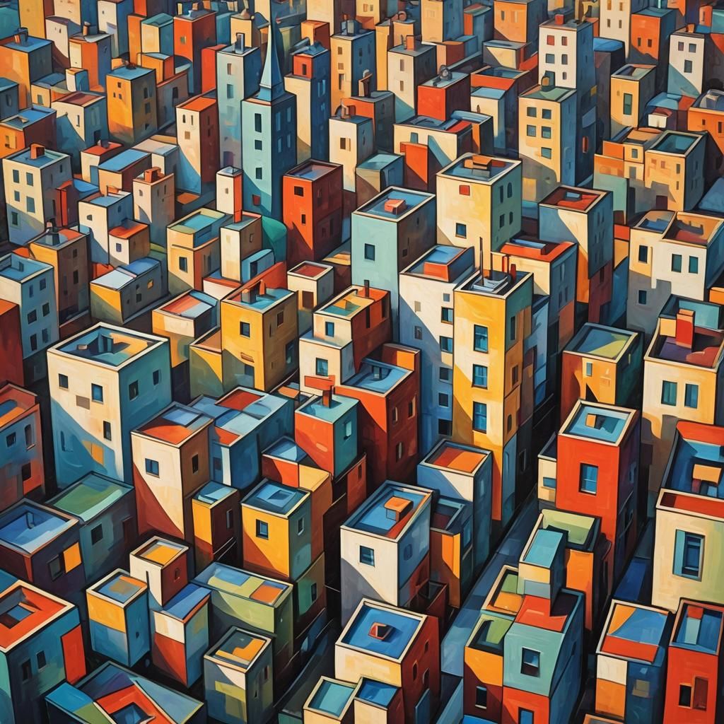 Geometric Cityscape in Neo-Cubist Oil Painting