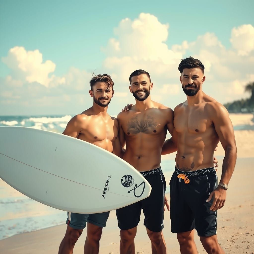 Fantasy Surf Buddies Pose on Sandy Beach