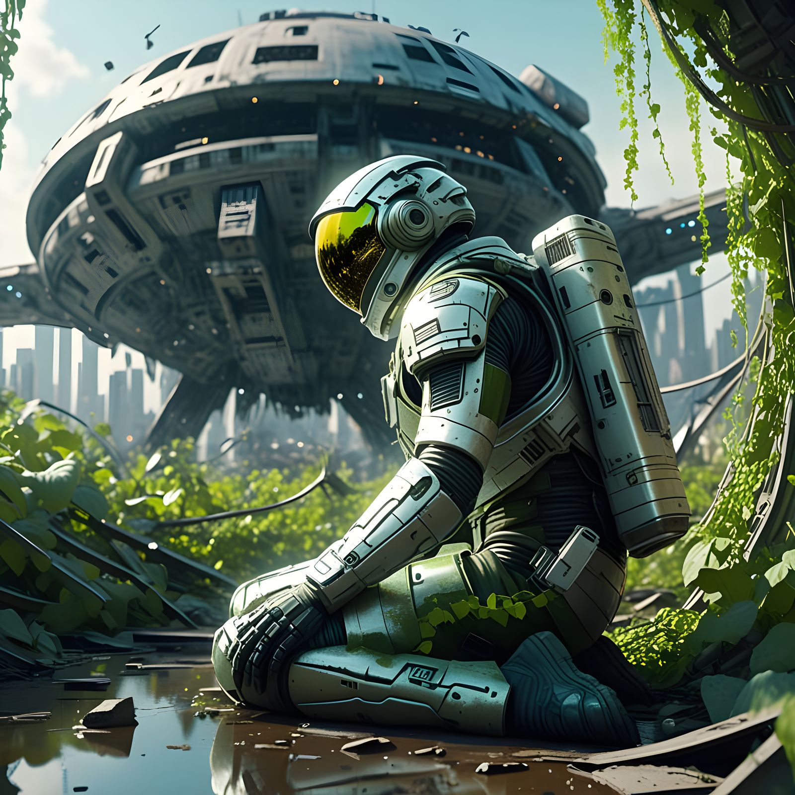 Overgrown Spaceship Crash in Futuristic Cityscape