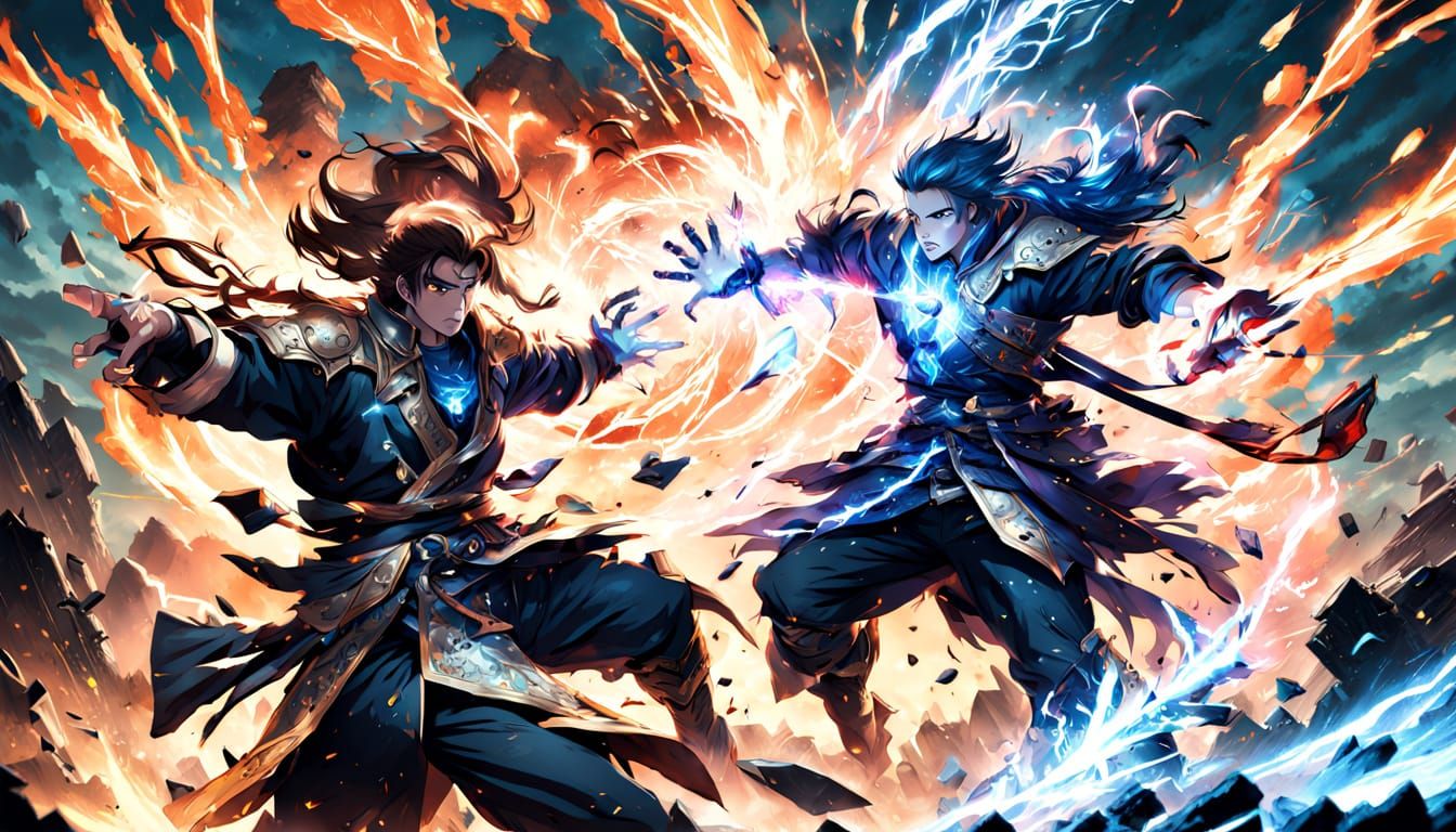 Anime Warriors Clash with Elemental Energy in Epic Battle