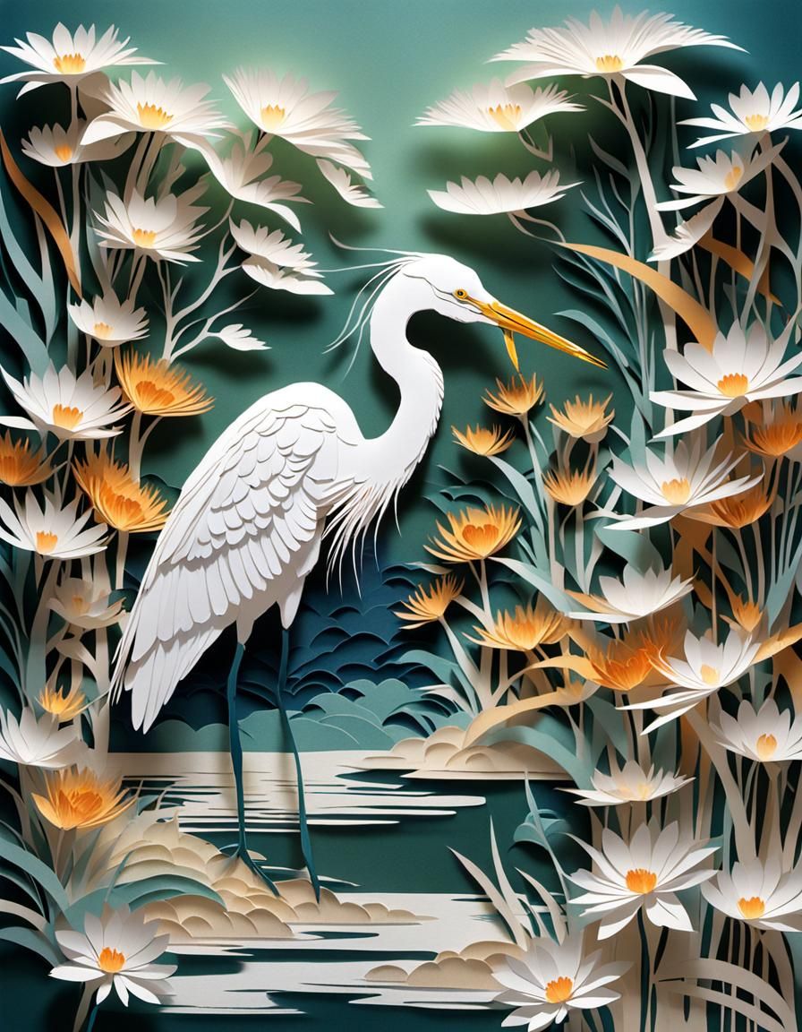 Heron Fishing in Floral Lake: Tachisme Paper Cut Art