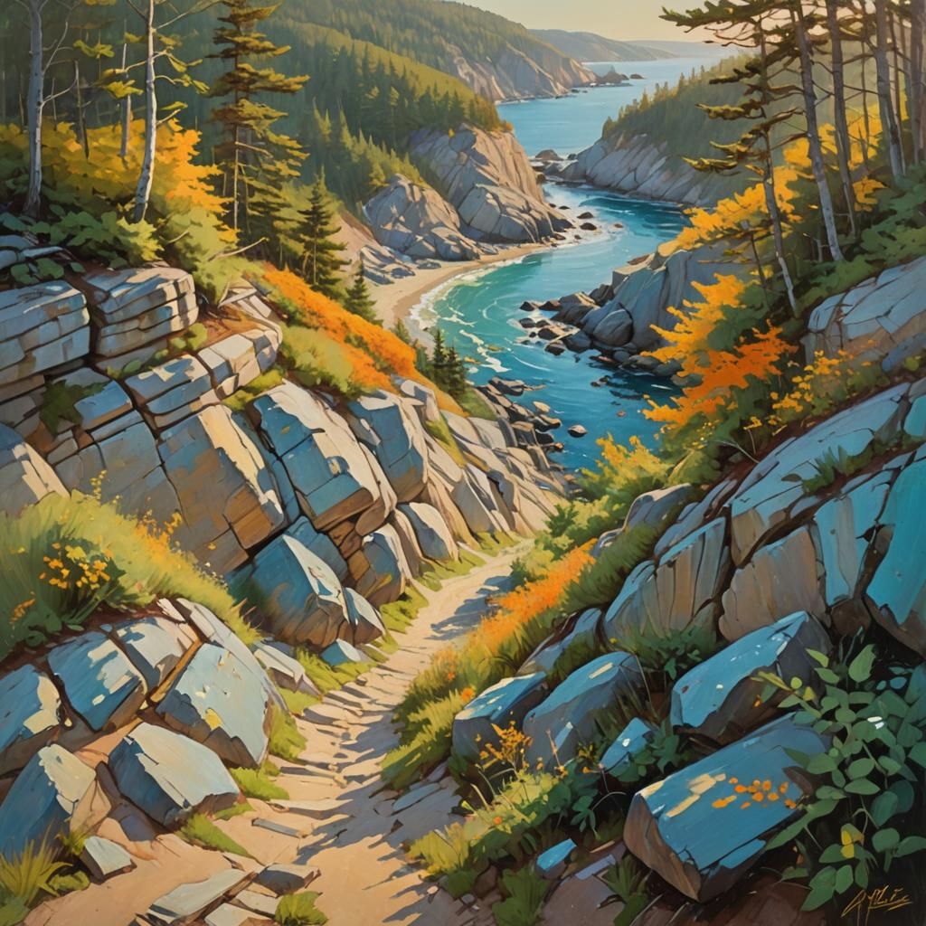 Maine Coastline Impasto Painting at Golden Hour