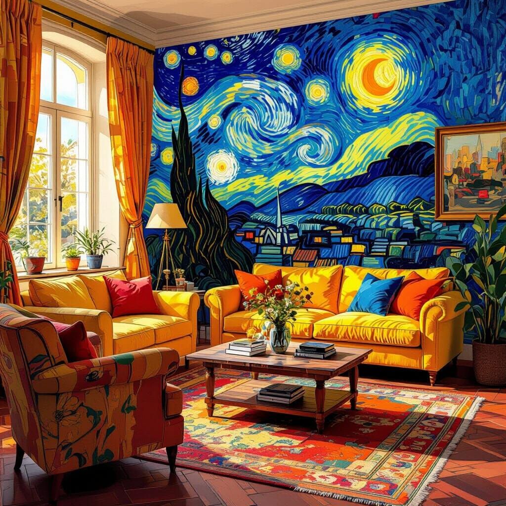 Living Room Scene as Expressive Van Gogh Style Painting
