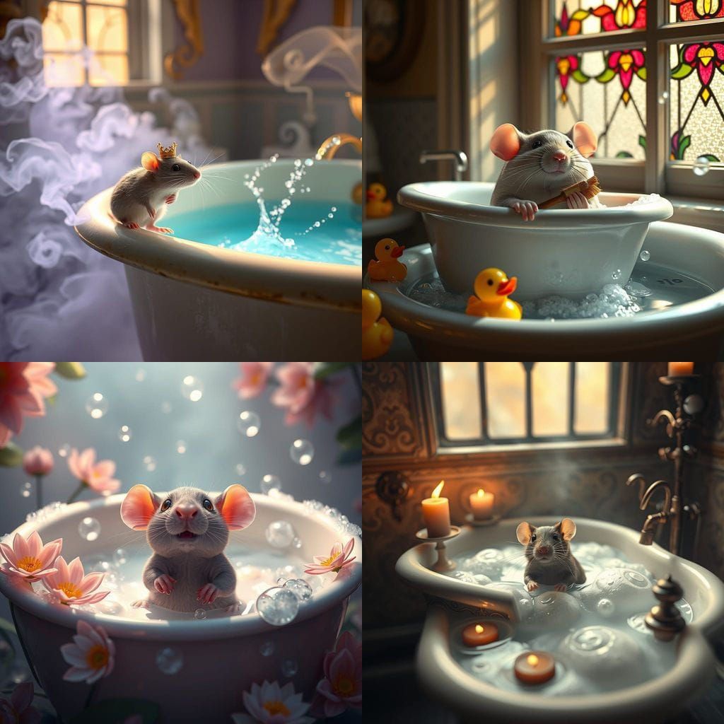 Magical Baby Rat Soaks in Whimsical Bath Scene
