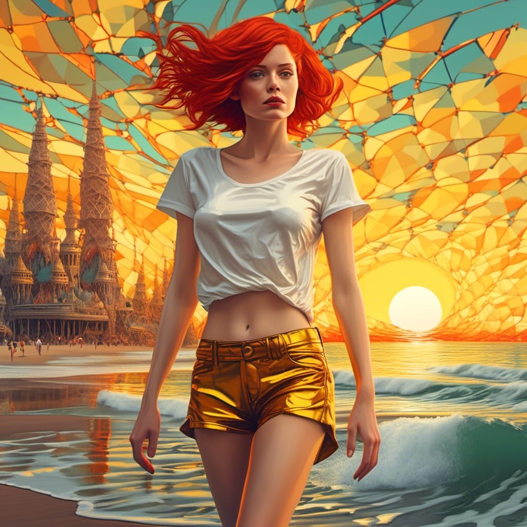 Woman with Red Hair on Beach in Fractal Style