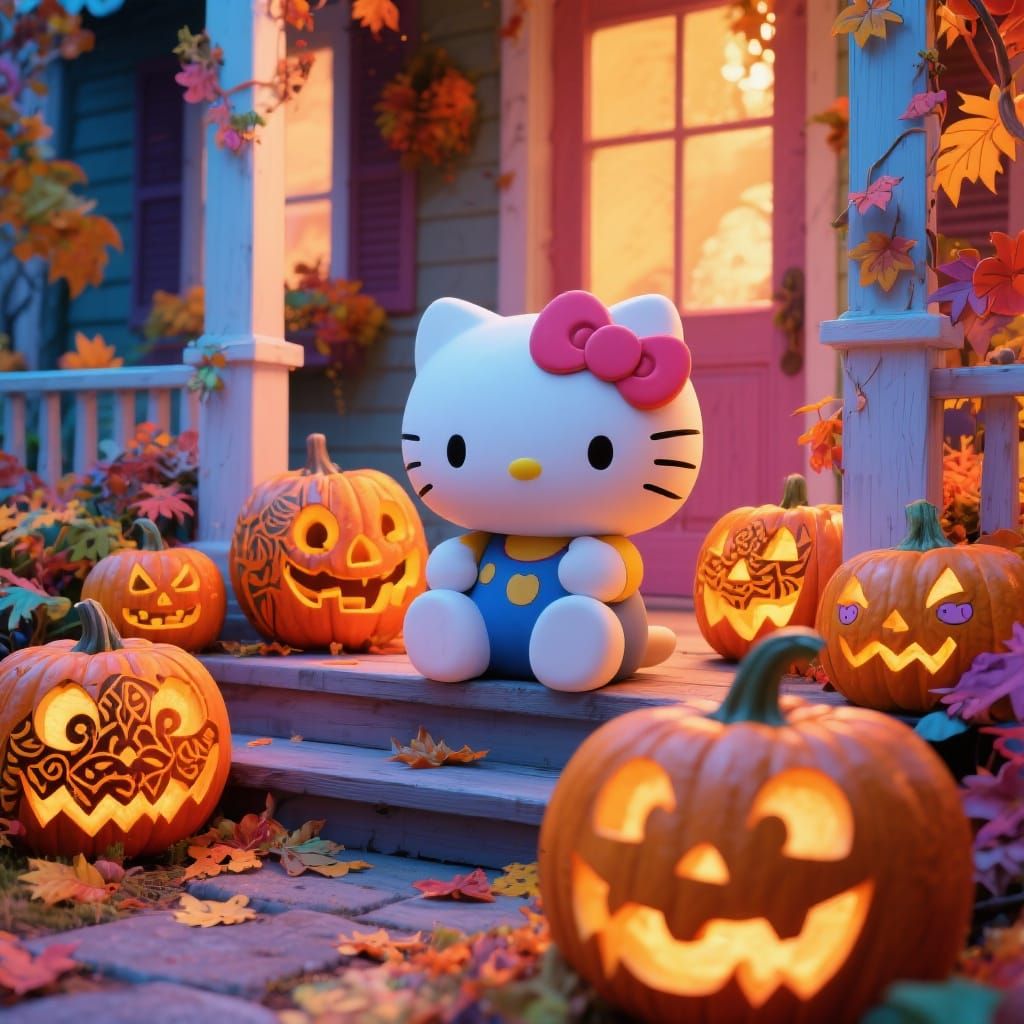 Hello Kitty's Autumn Porch Scene in Kawaii Style
