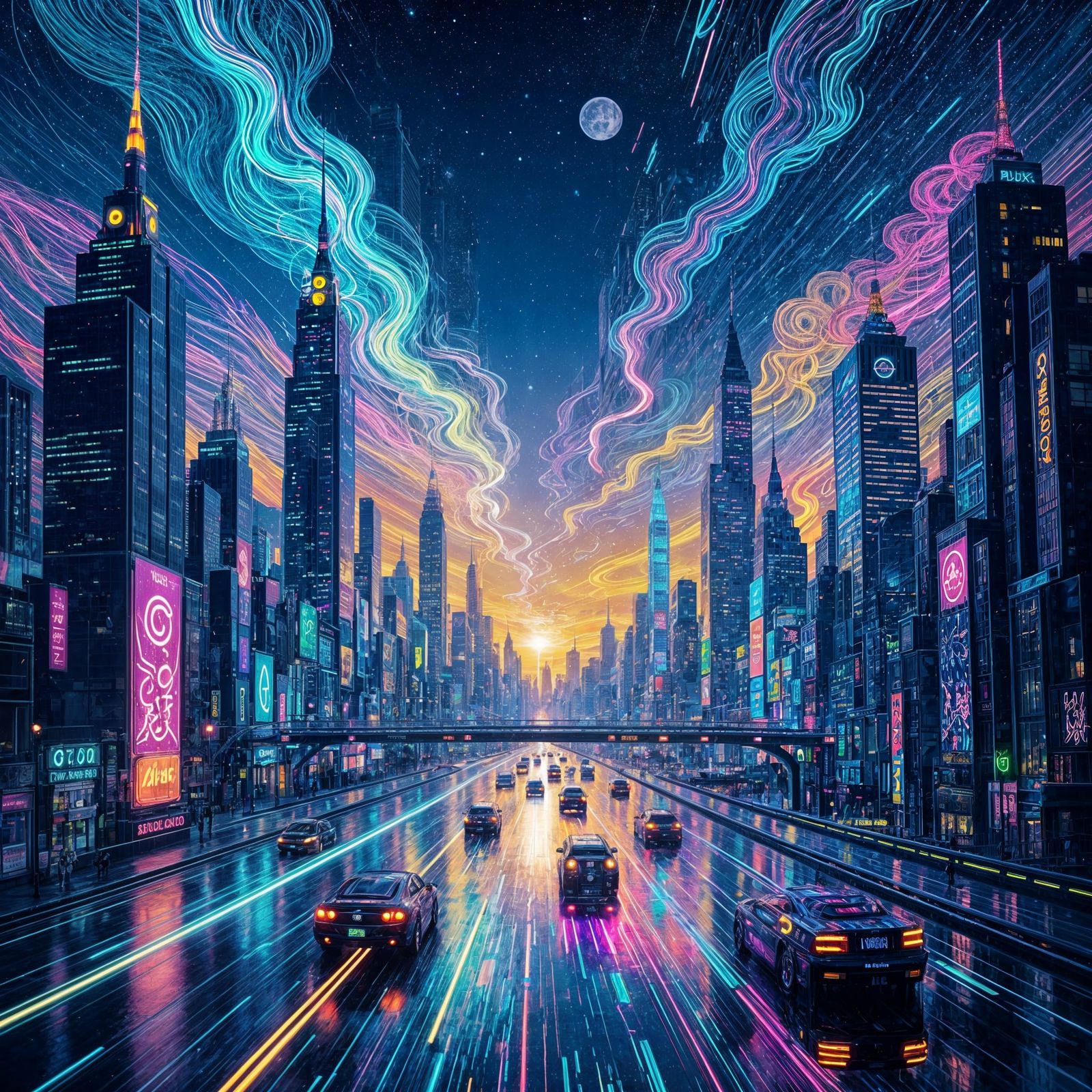 Glowing Neon Cityscape of Flux Energy in Cyberpunk Style