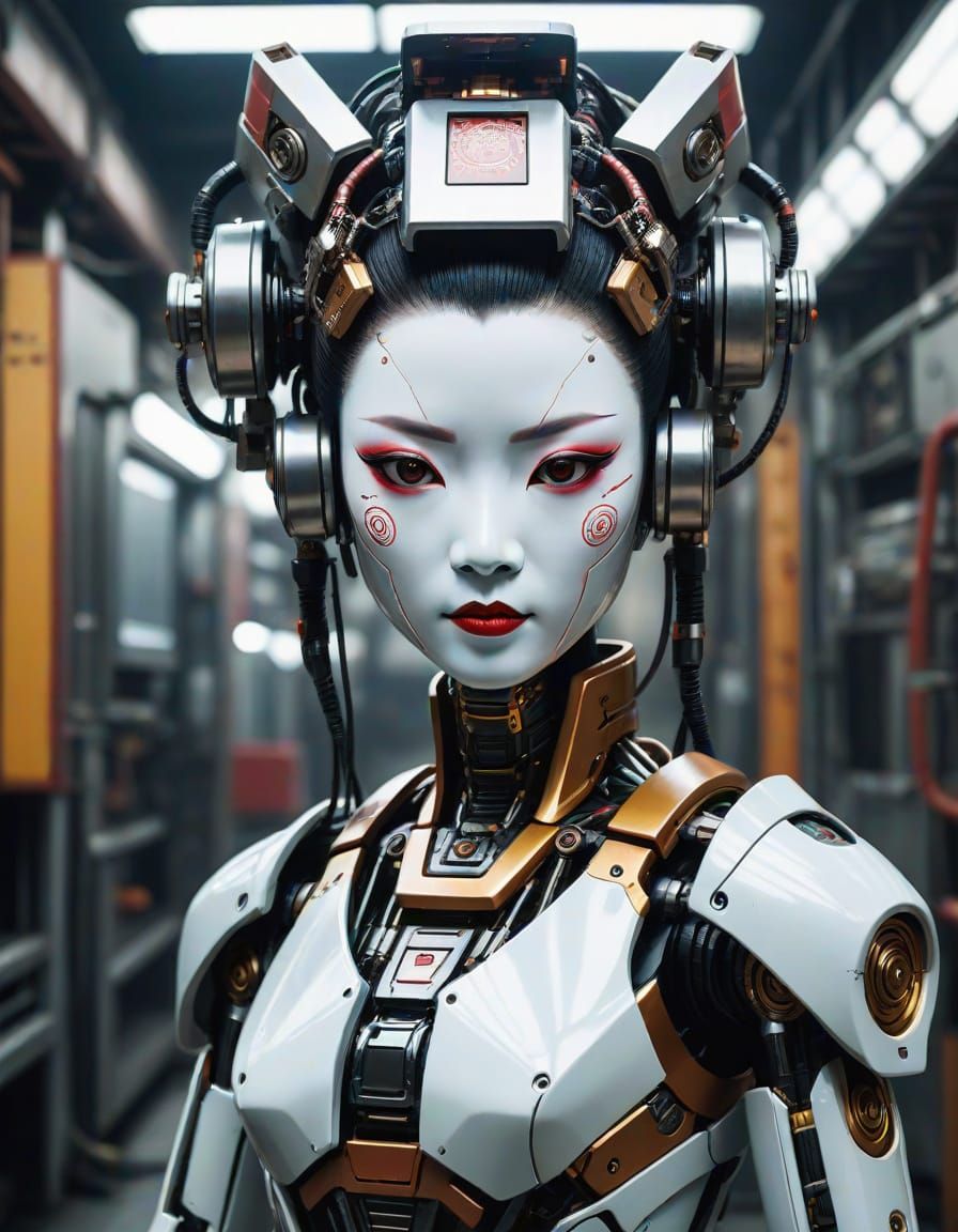 Robotic Geisha Portrait in Cyberpunk Style