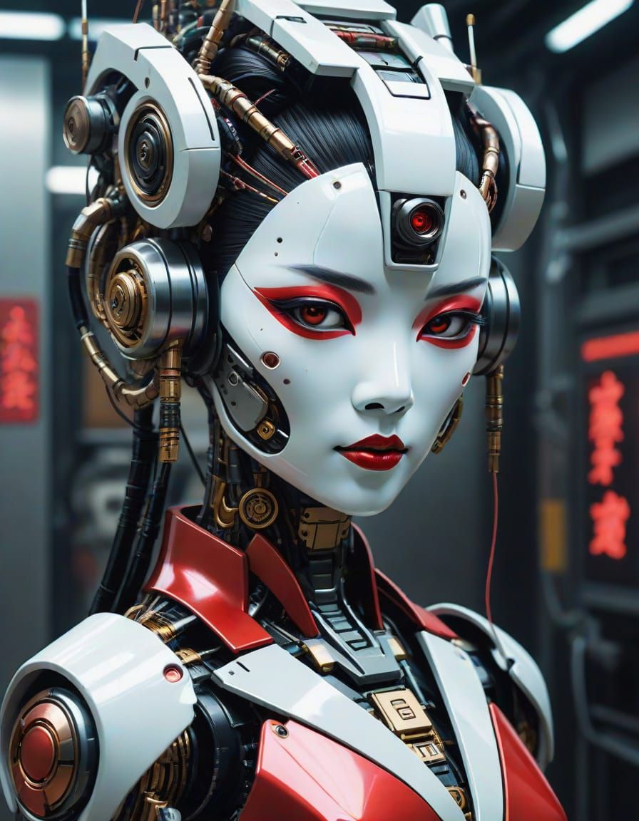 Cyberpunk Robotic Geisha Portrait with Exposed Machinery