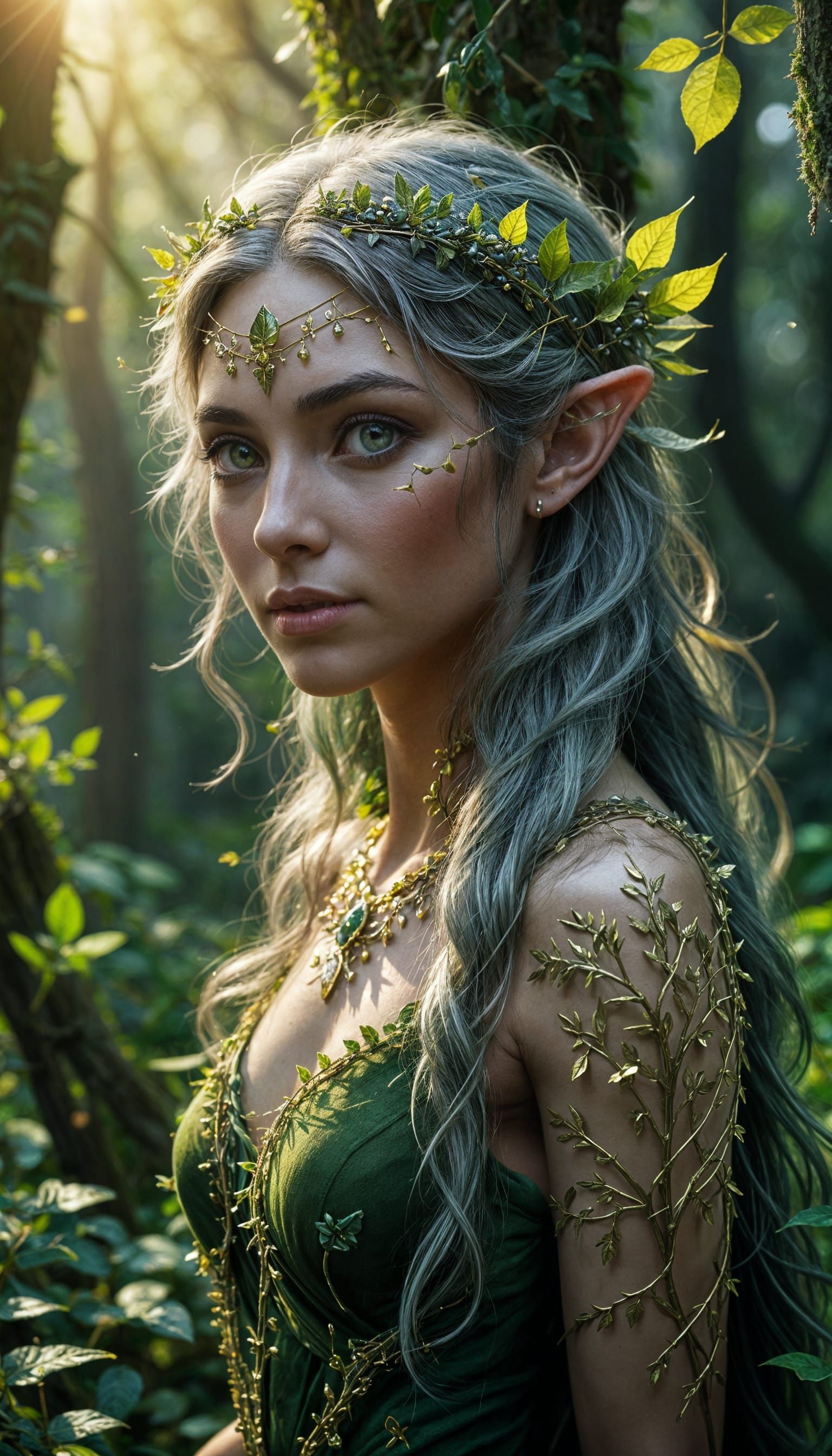 Moonlit Enchantress with Emerald Gold Hair and Elvish Ears