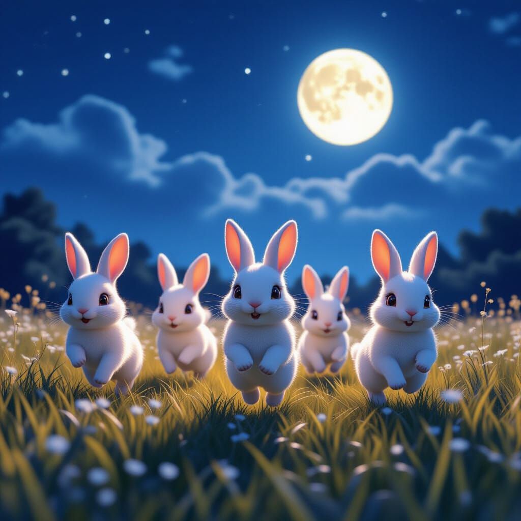 Cute Rabbits Running Under Full Moonlight in 3D Anime Art