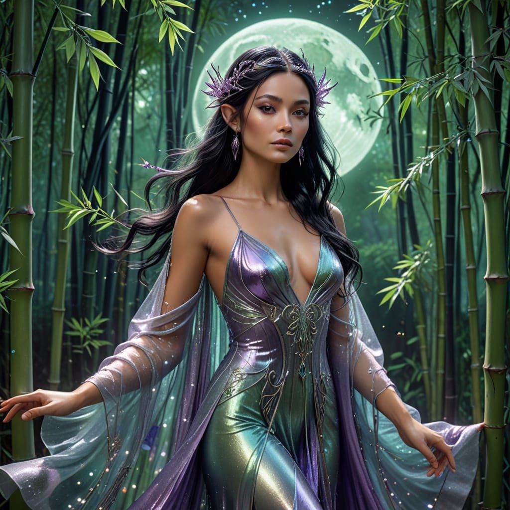 Art Nouveau Elven Queen Under Moonlit Canopy