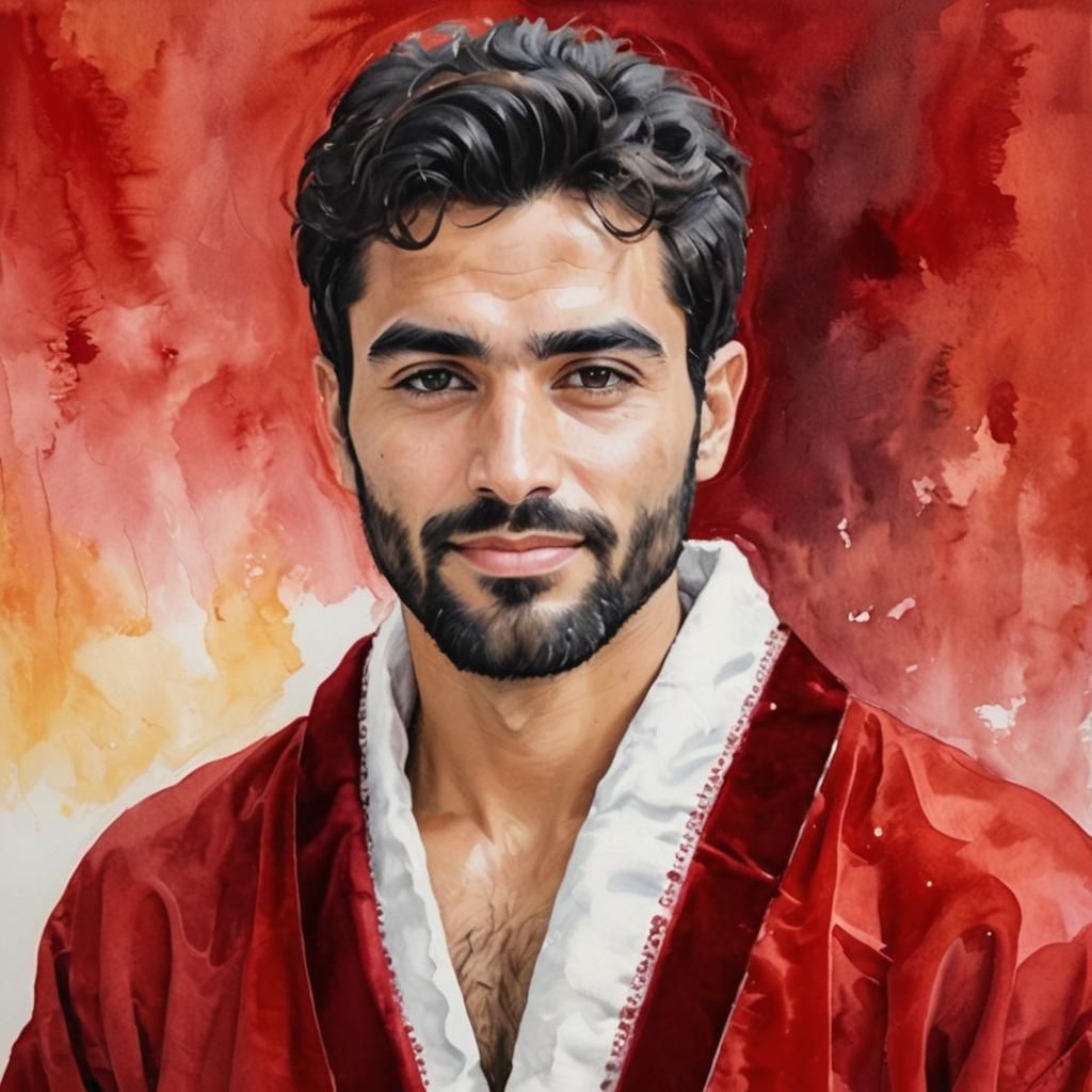 Pensive Man in Red Velvet Robe, Impasto Oil Painting