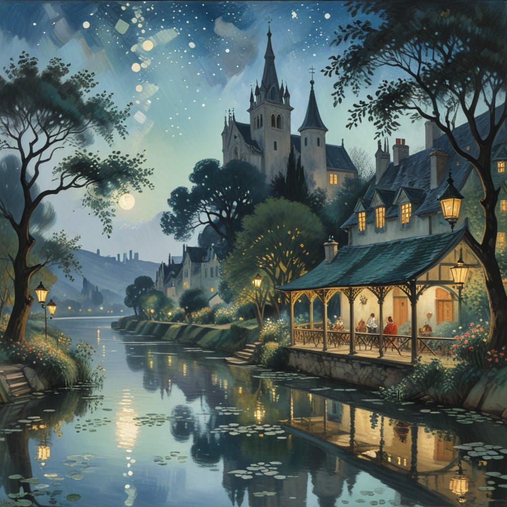Dreamy Painterly Night Scene with Majestic Trees and Serene...