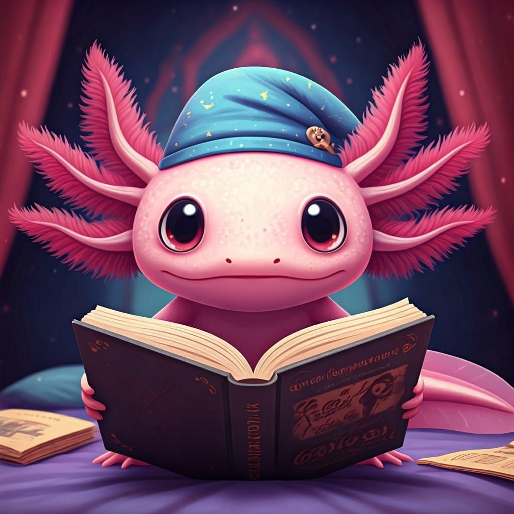 Adorable Pink Axolotl Reads in Vibrant Bedroom Scene