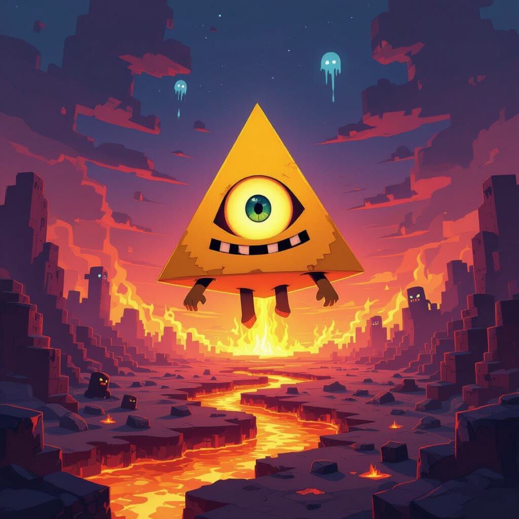 Bill Cipher in Minecraft Nether Anime Style