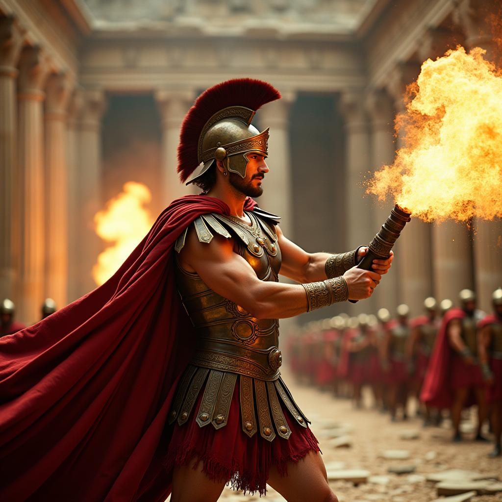 Greek Warrior Attacks Temple with Flamethrower