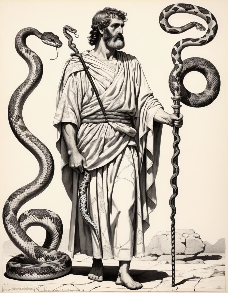 Ancient Greek Healer with Snakes, Pen and Ink