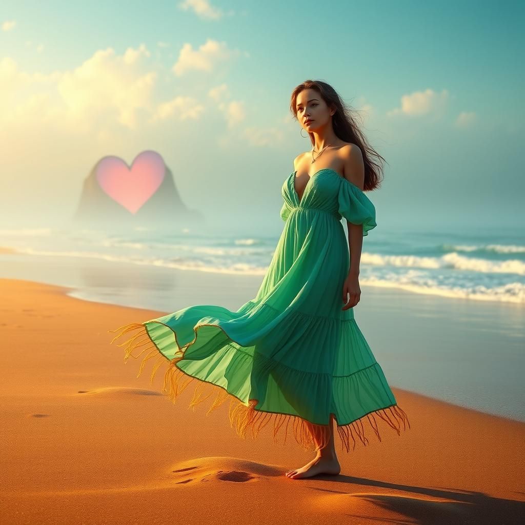 Ethereal Woman on Sun-Kissed Beach: Fantasy Art
