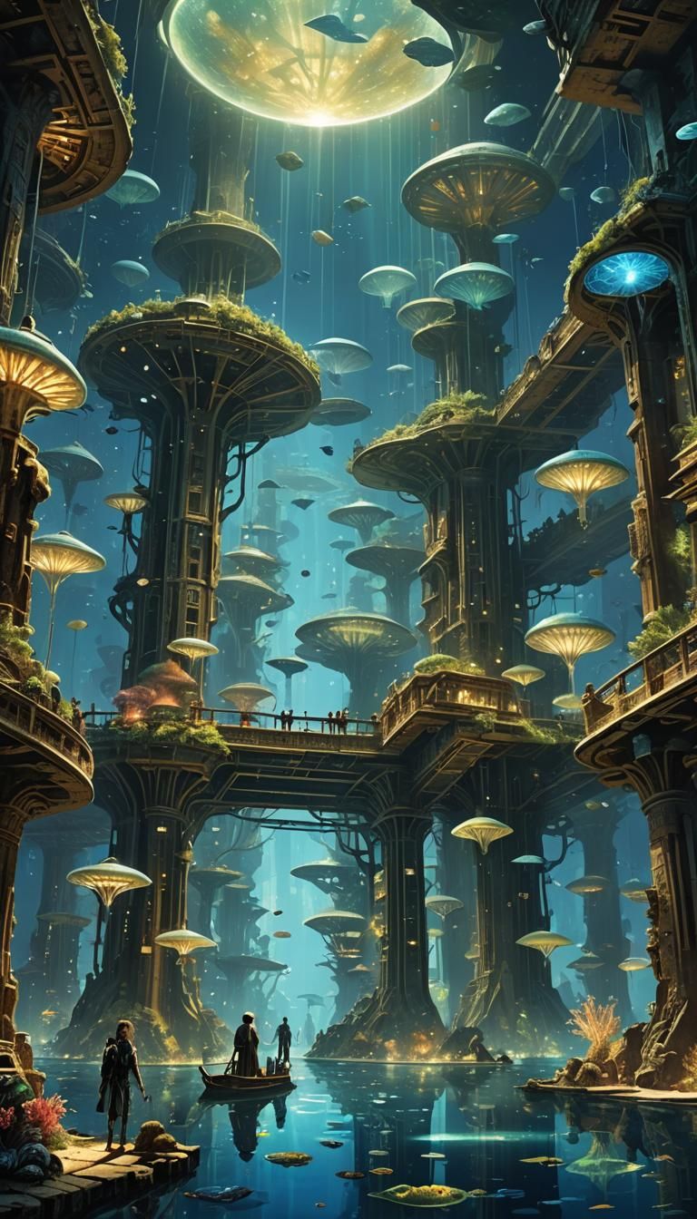 Underwater city illuminating with the bioluminescence of ali...