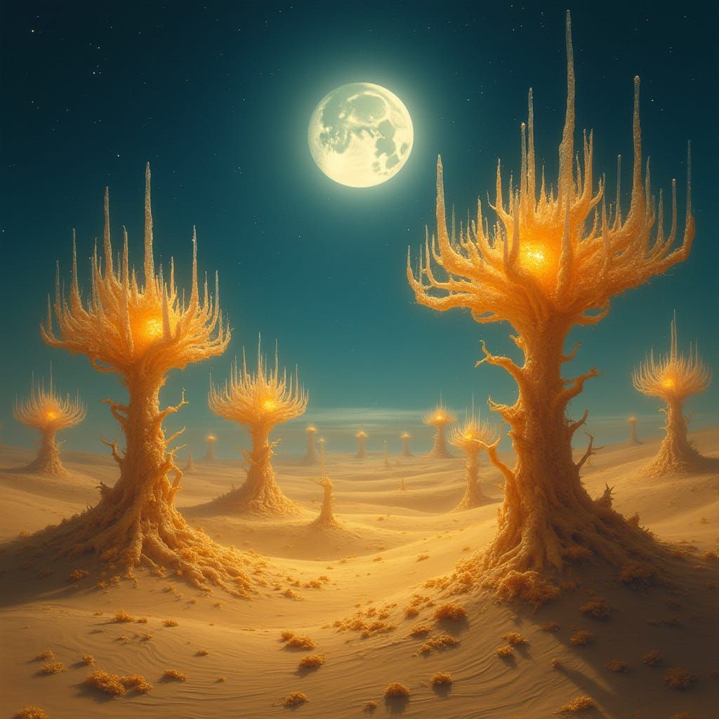Surreal Desert Landscape with Crystal Trees Under Moonlight