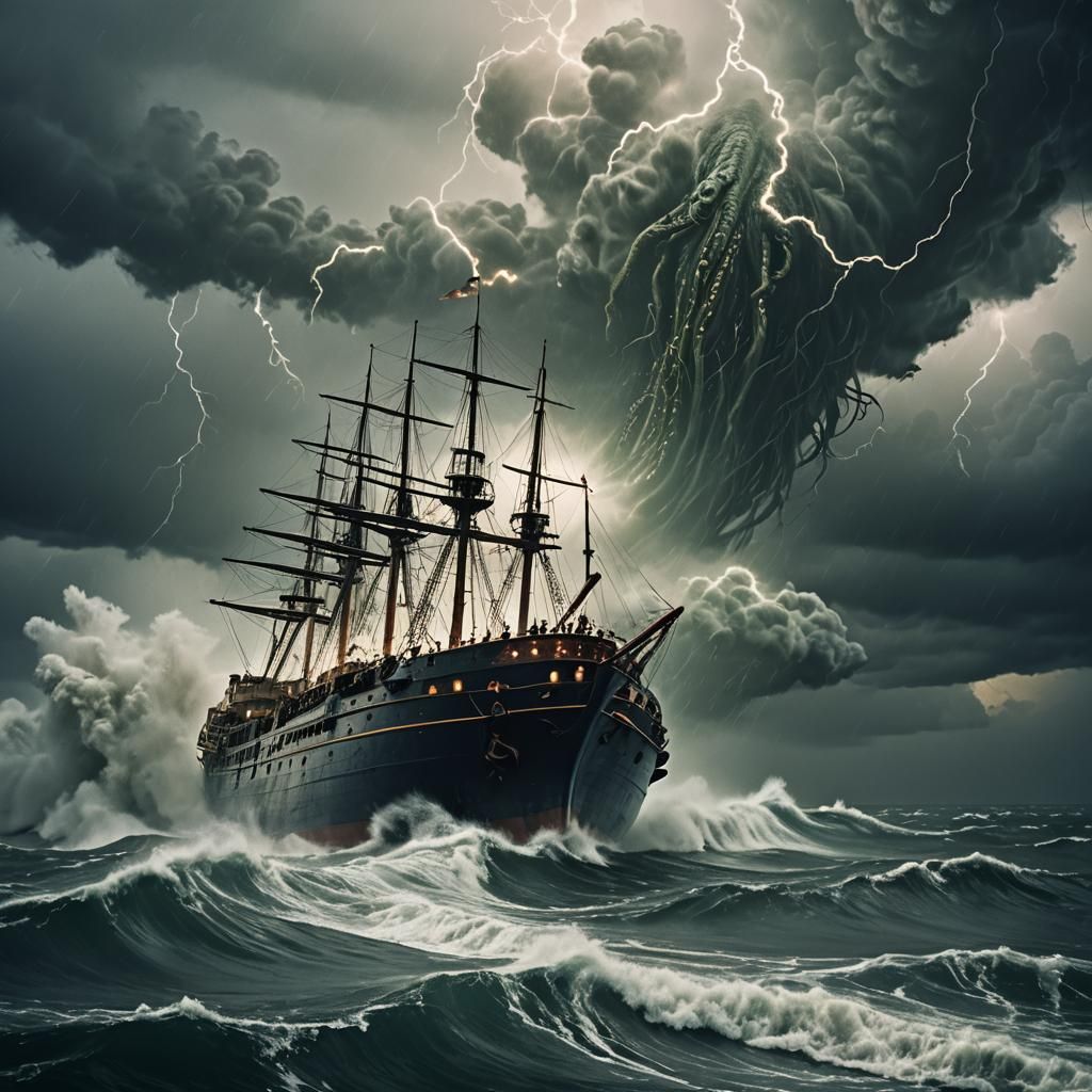 Ship Tossed in Turbulent Stormy Seas, Monstrous Tentacle Ris...