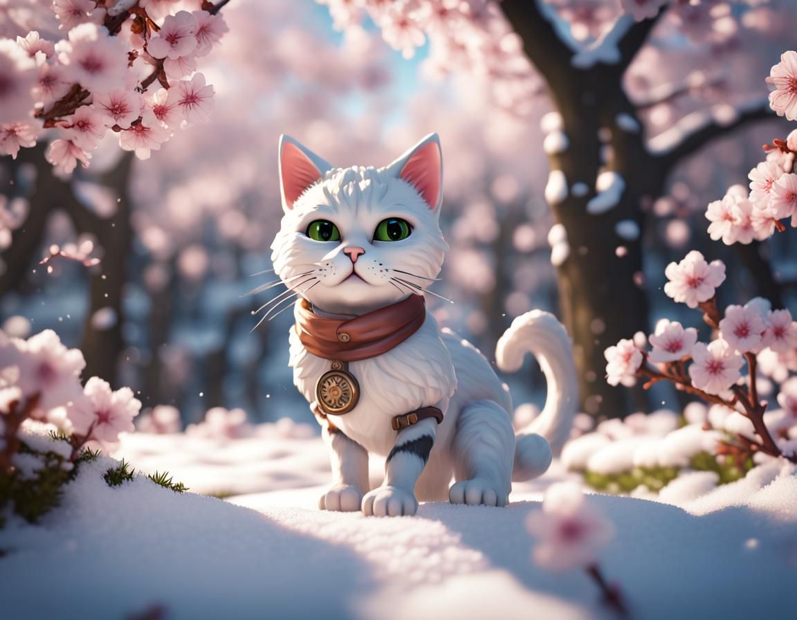 Cat Bobbleheads in Snowy Cherry Blossom Garden