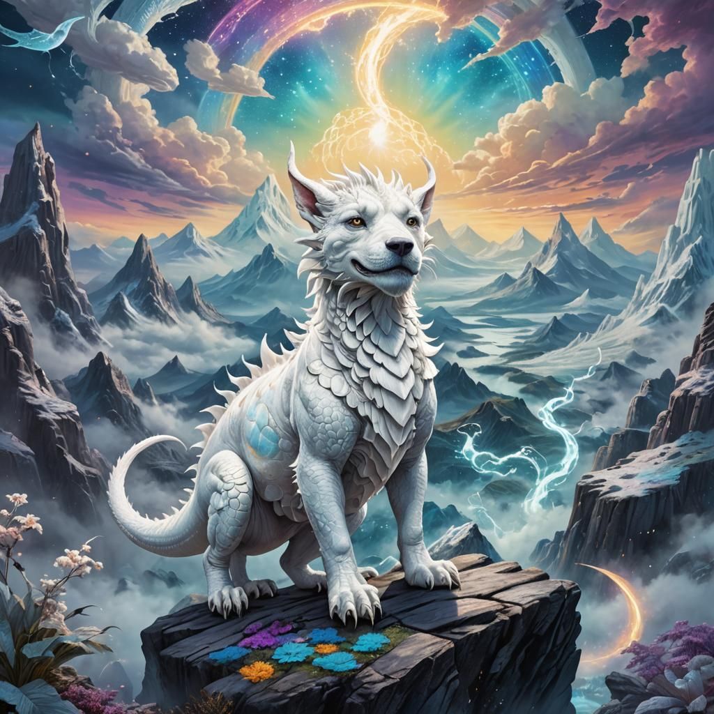 Falkor in Fantasy Landscape, Astral Illustration