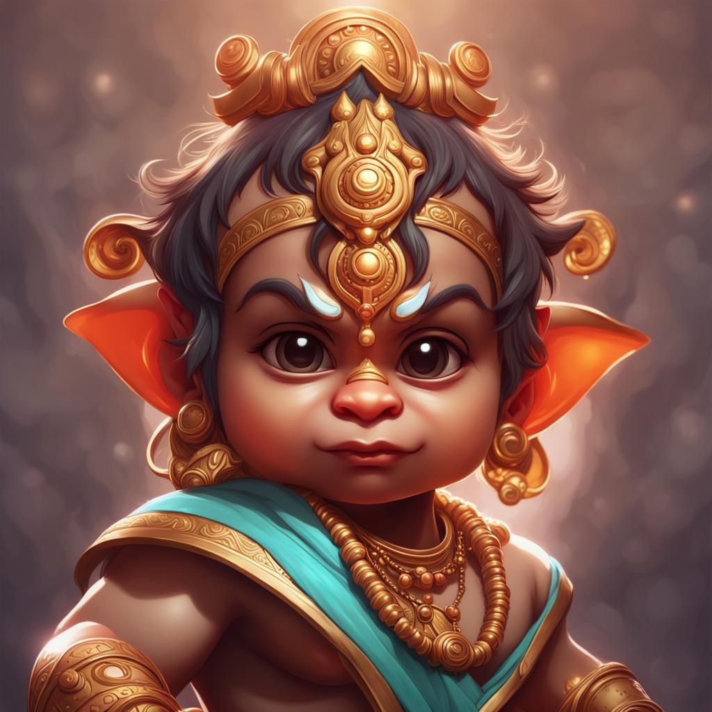 Chibi Baby Hanuman Portrait in Hyperdetailed Digital Art