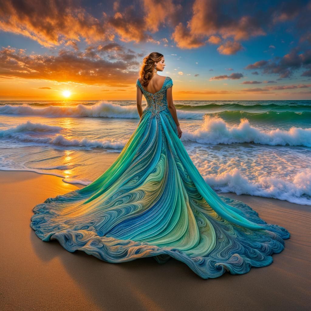 Sunset Beach Lady in Swirling Dress