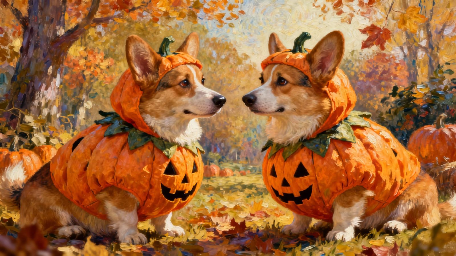 Two Corgis in Halloween Pumpkin Costumes