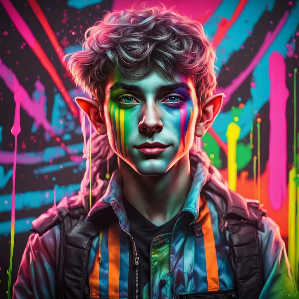 Elf Portrait with Neon Graffiti: 80s Style