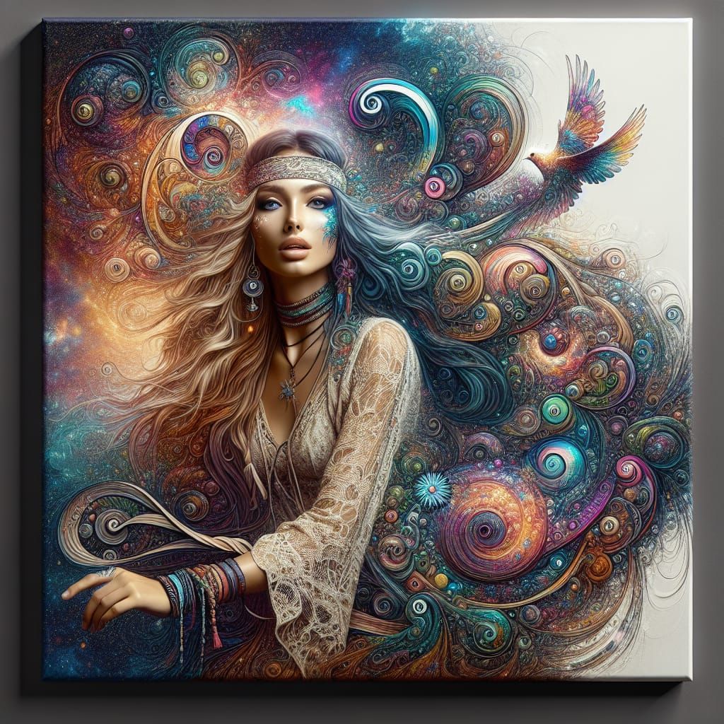 Hippie Woman Flies in Surreal Fantasy Art