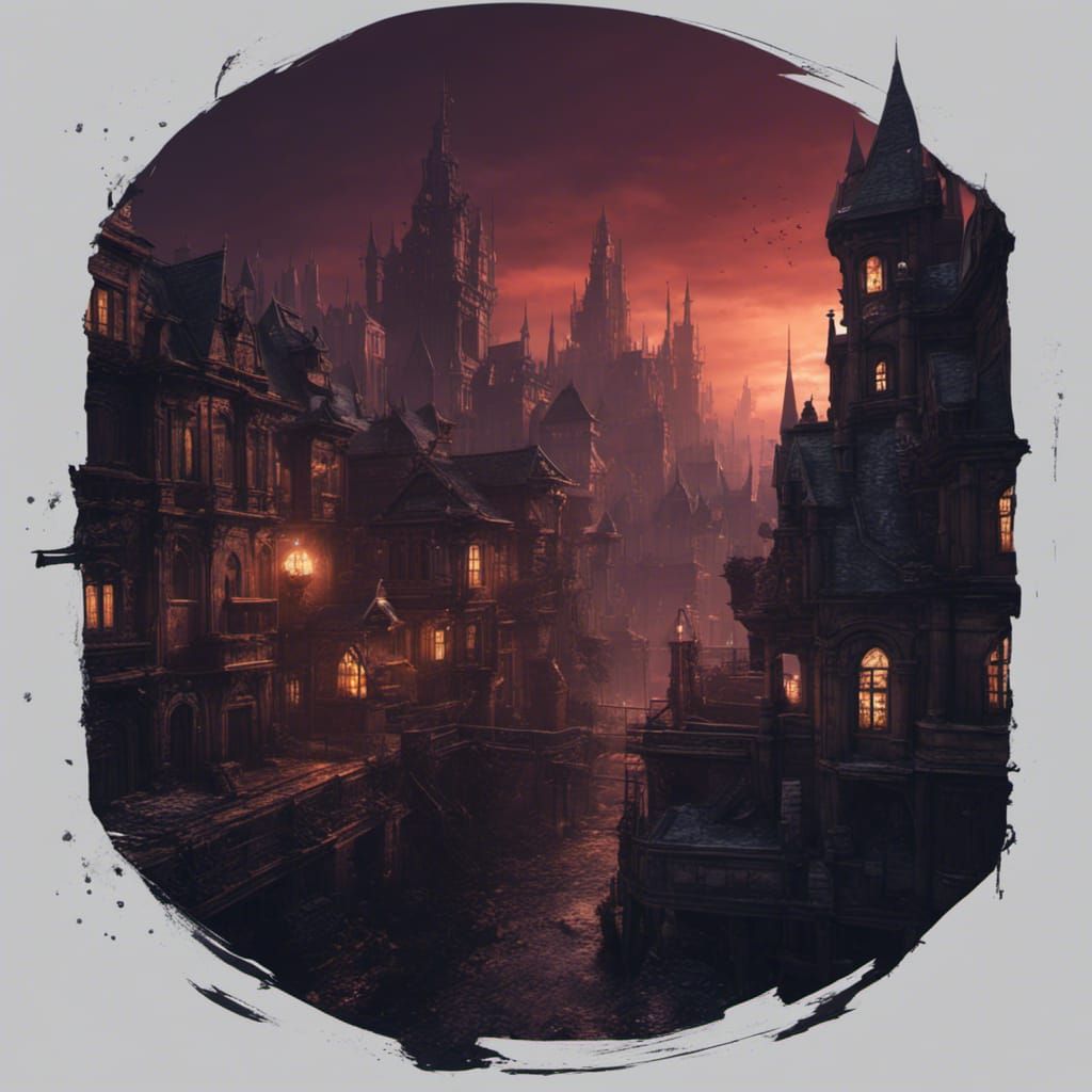 Fantasy Horror City at Night in Matte Painting Style