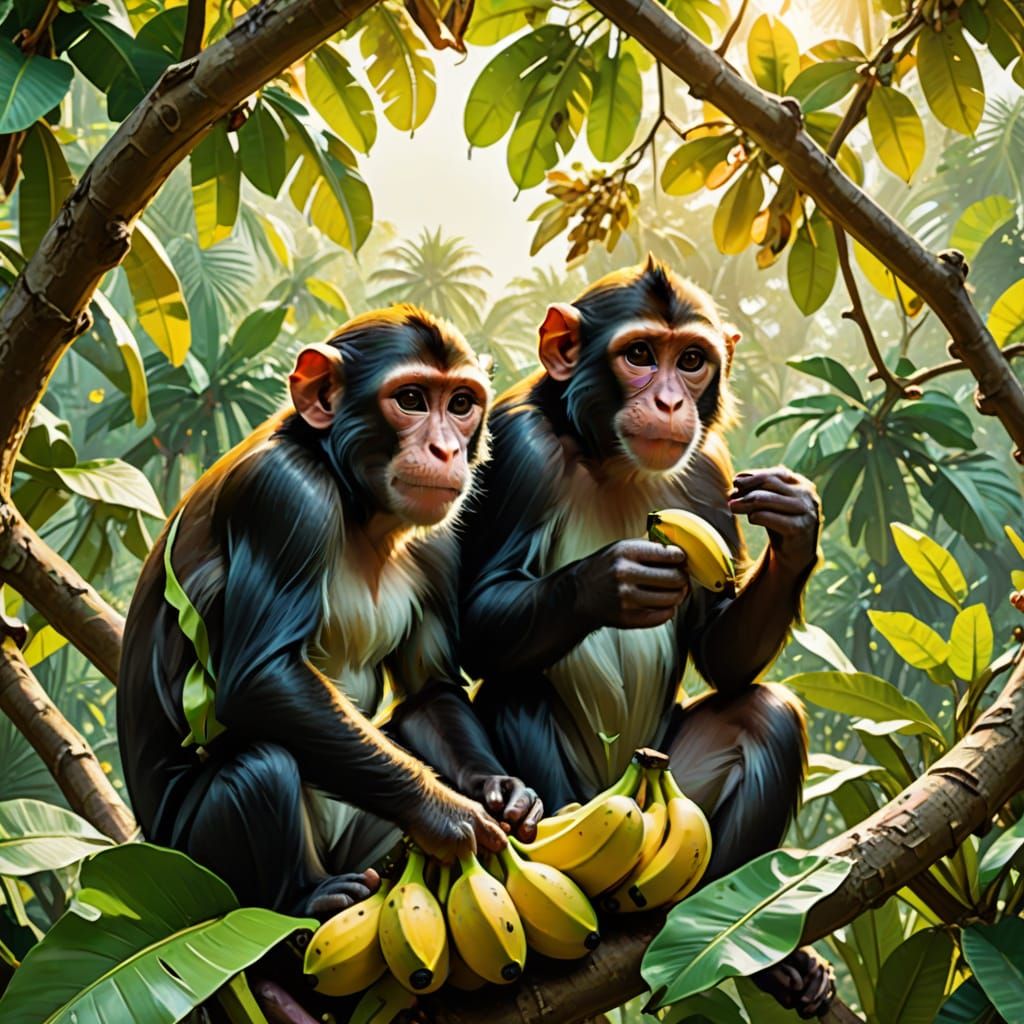 Vibrant Jungle Scene with Monkeys Eating Bananas