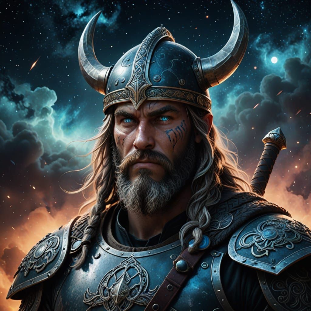 Hyperrealistic Viking Warrior in Cosmic Landscape