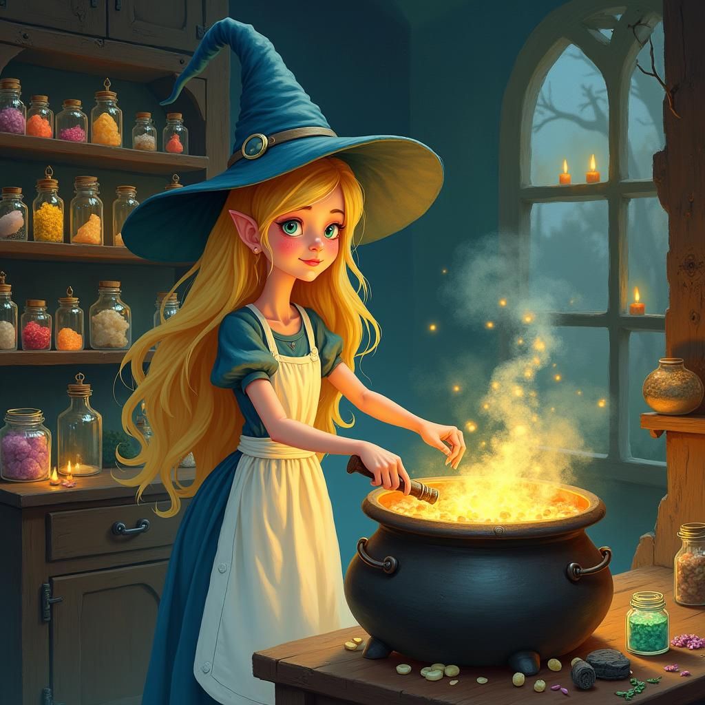 Whimsical Witch Brewing Potion in Cozy Apothecary