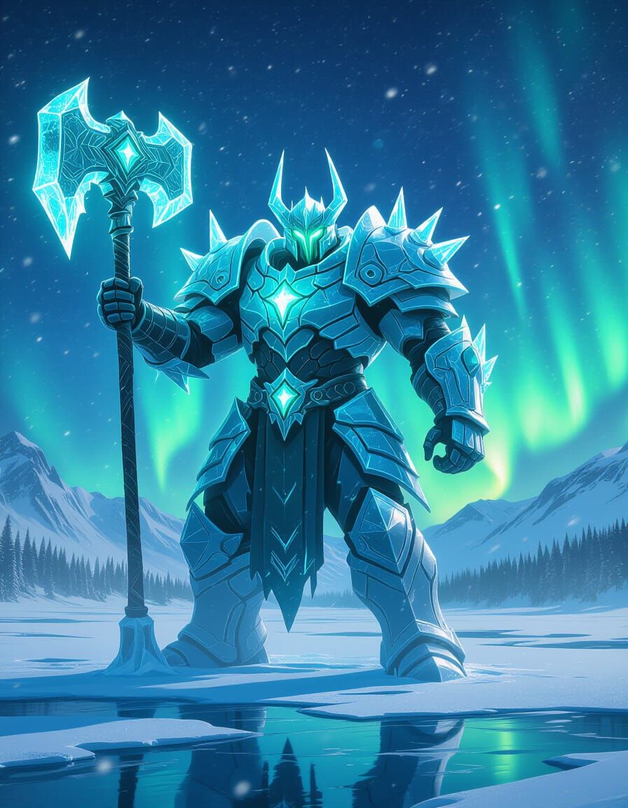 Ice Golem Guardian Under Aurora Lights